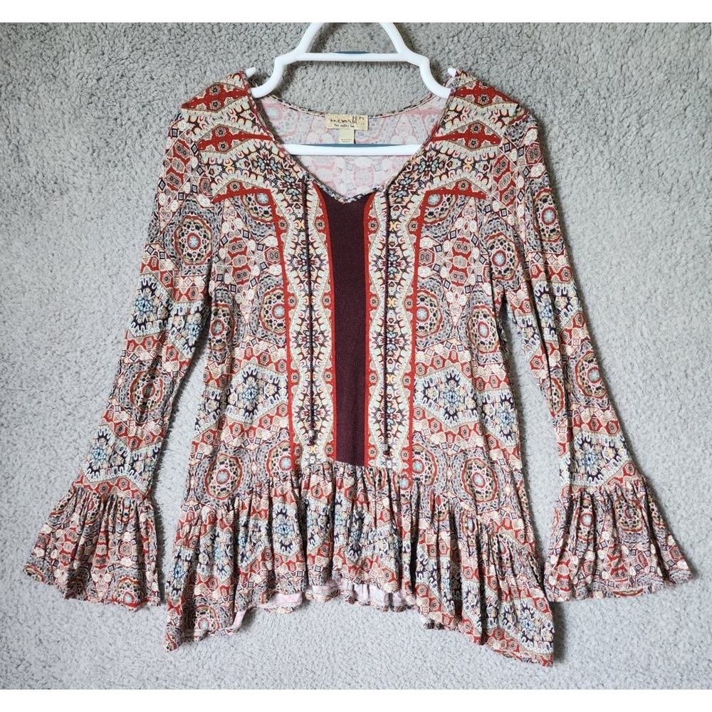 One World Peplum Bell Sleeve Top Womens PS Red Blue Boho Medallion Print V-Neck